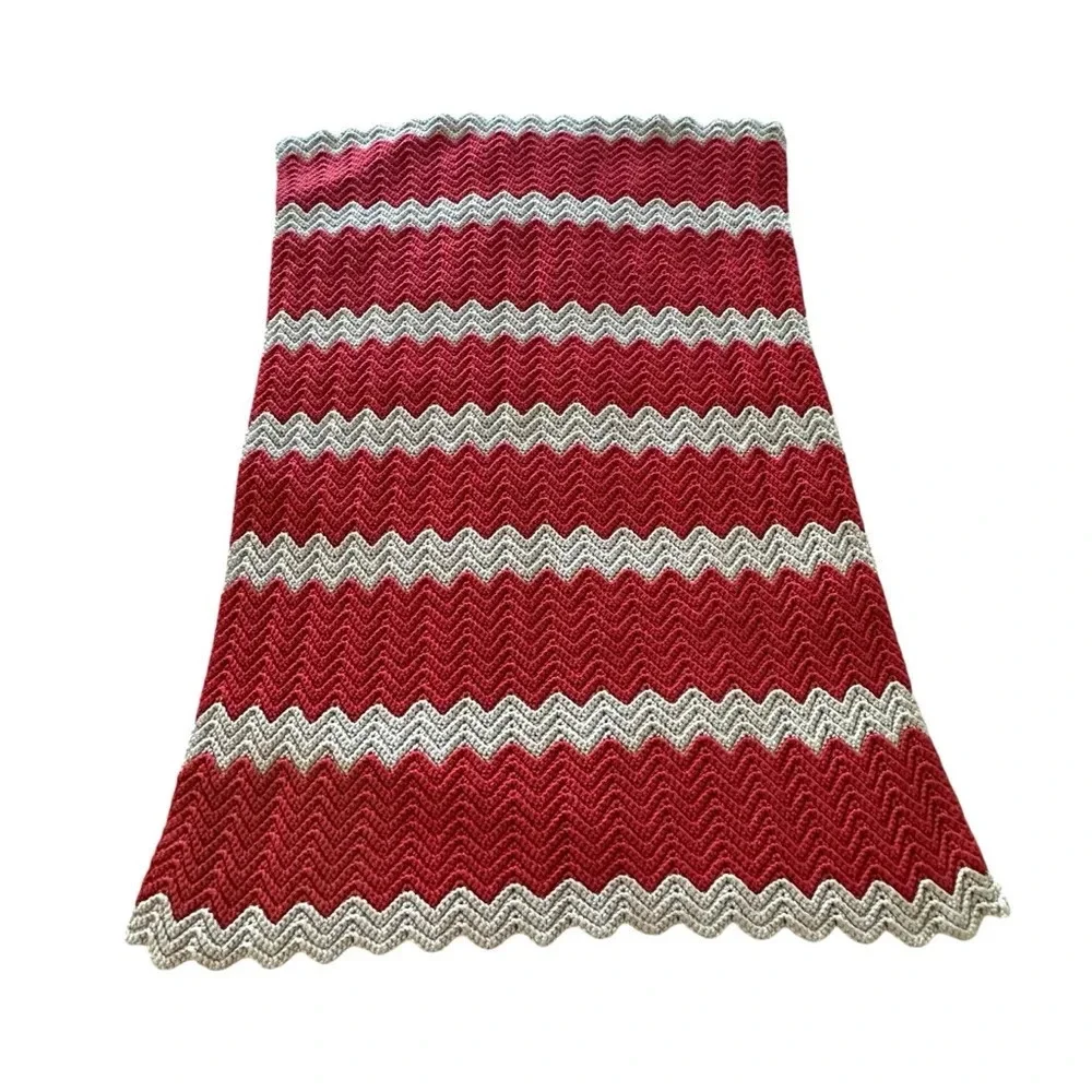 Handmade Chevron crochet blanket Red and Grey 48x34